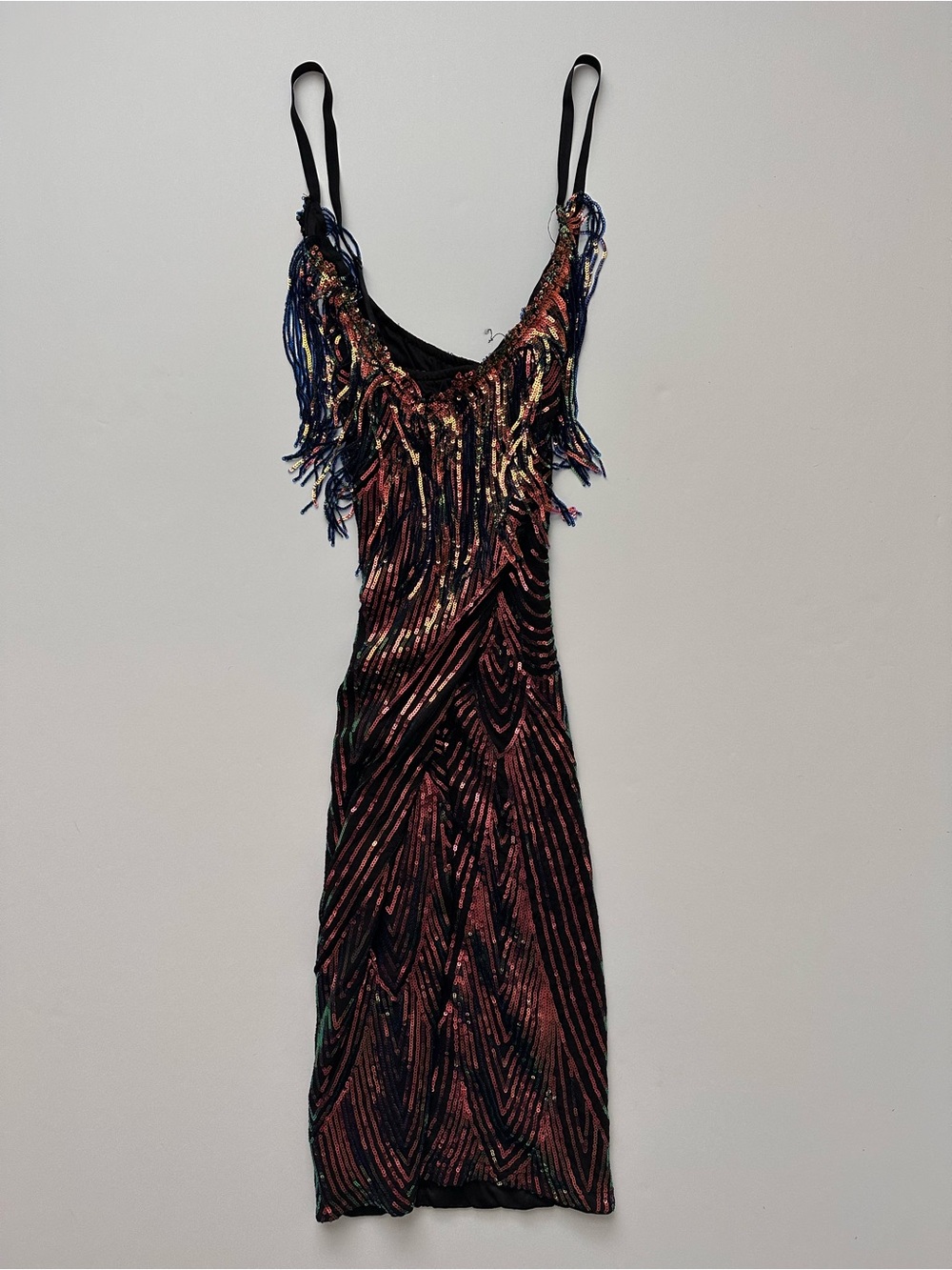 SHEIN Black Slip Midi Dress with Multicolor Sequin Fringe